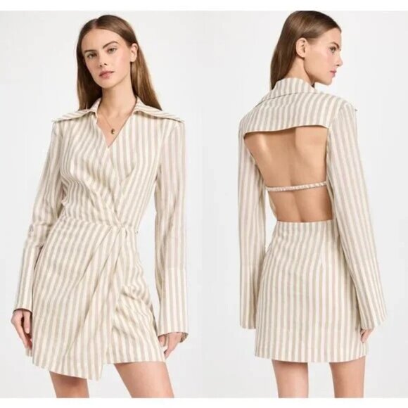 Nanushka Esma Striped Mini Wrap Dress Beige White Cotton Linen - Picture 6 of 12
